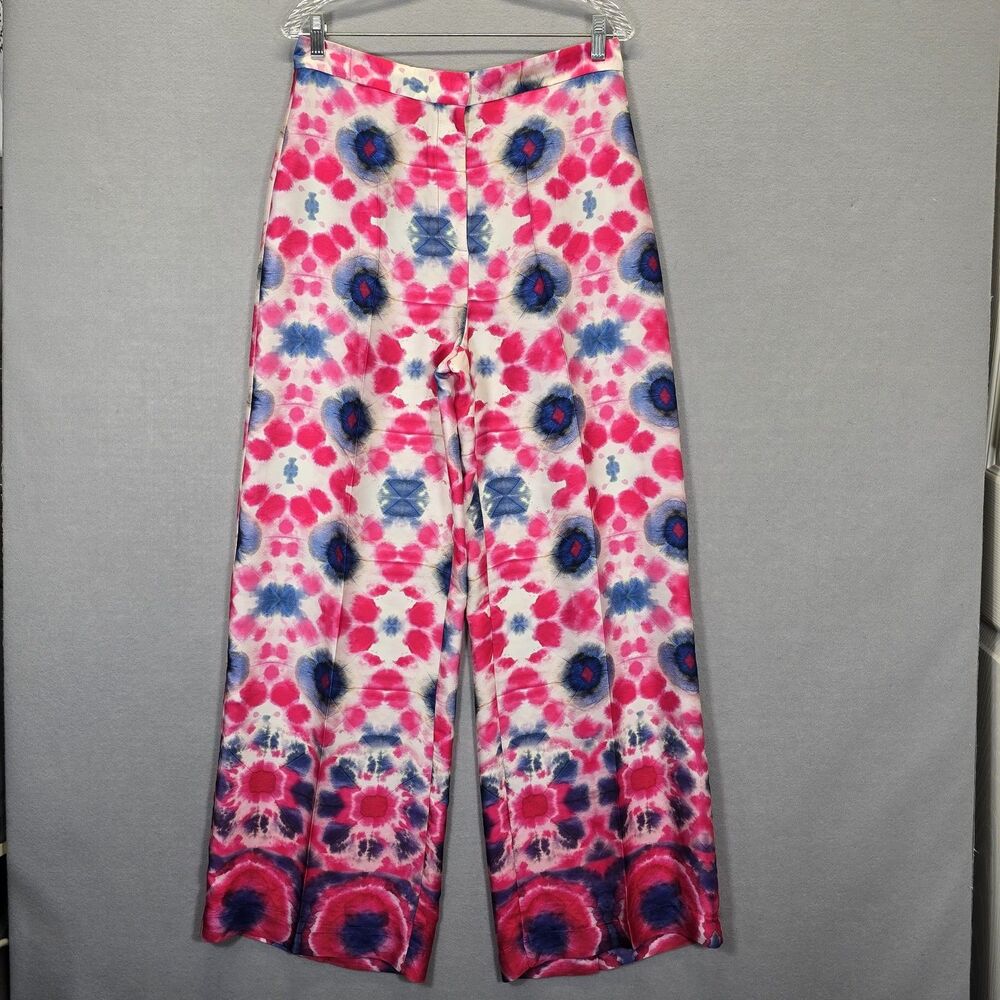 Zara Women's Wide Leg Pants Size L Pink and Blue Tie-Dye Print Satin